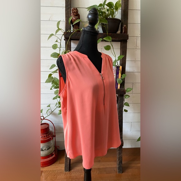 Apt. 9: Peach Pink V Neck Blouse with Zipper Opening - Picture 10 of 17